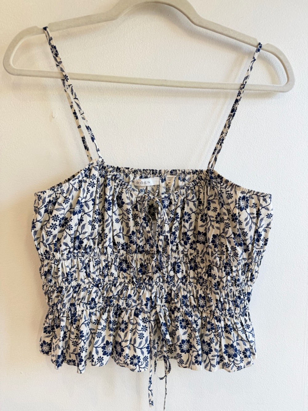 Doen Finella White and Blue Floral Smocked Crop Cami